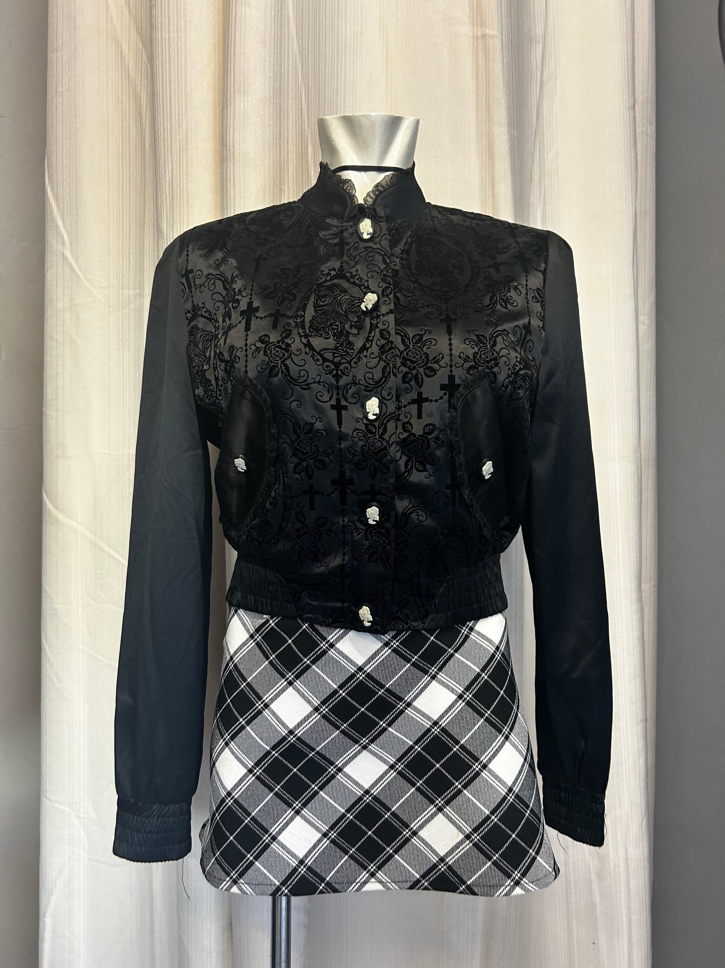 Banned goth satin jacket with velvet details