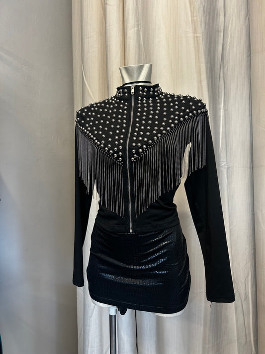 Black zipper top with metal studs