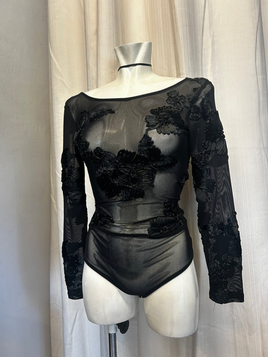 See through bodysuit with embroidered flowers