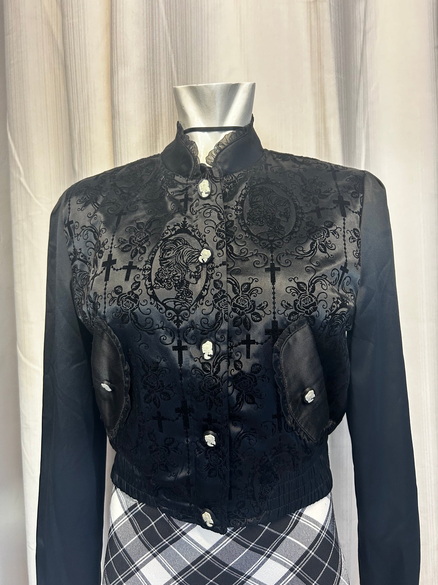 Banned goth satin jacket with velvet details