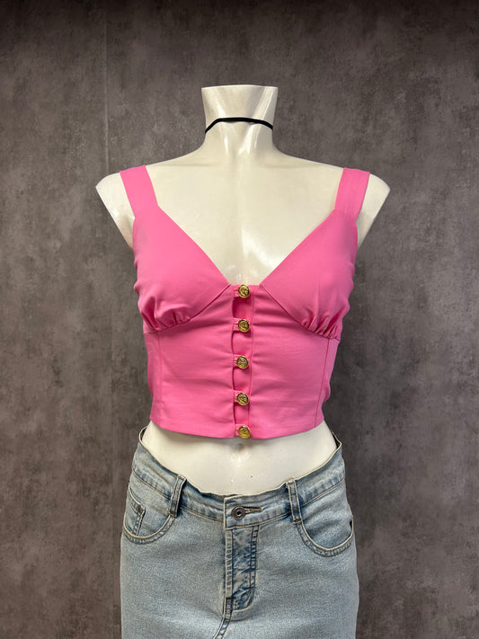 Pink crop top with gold buttons