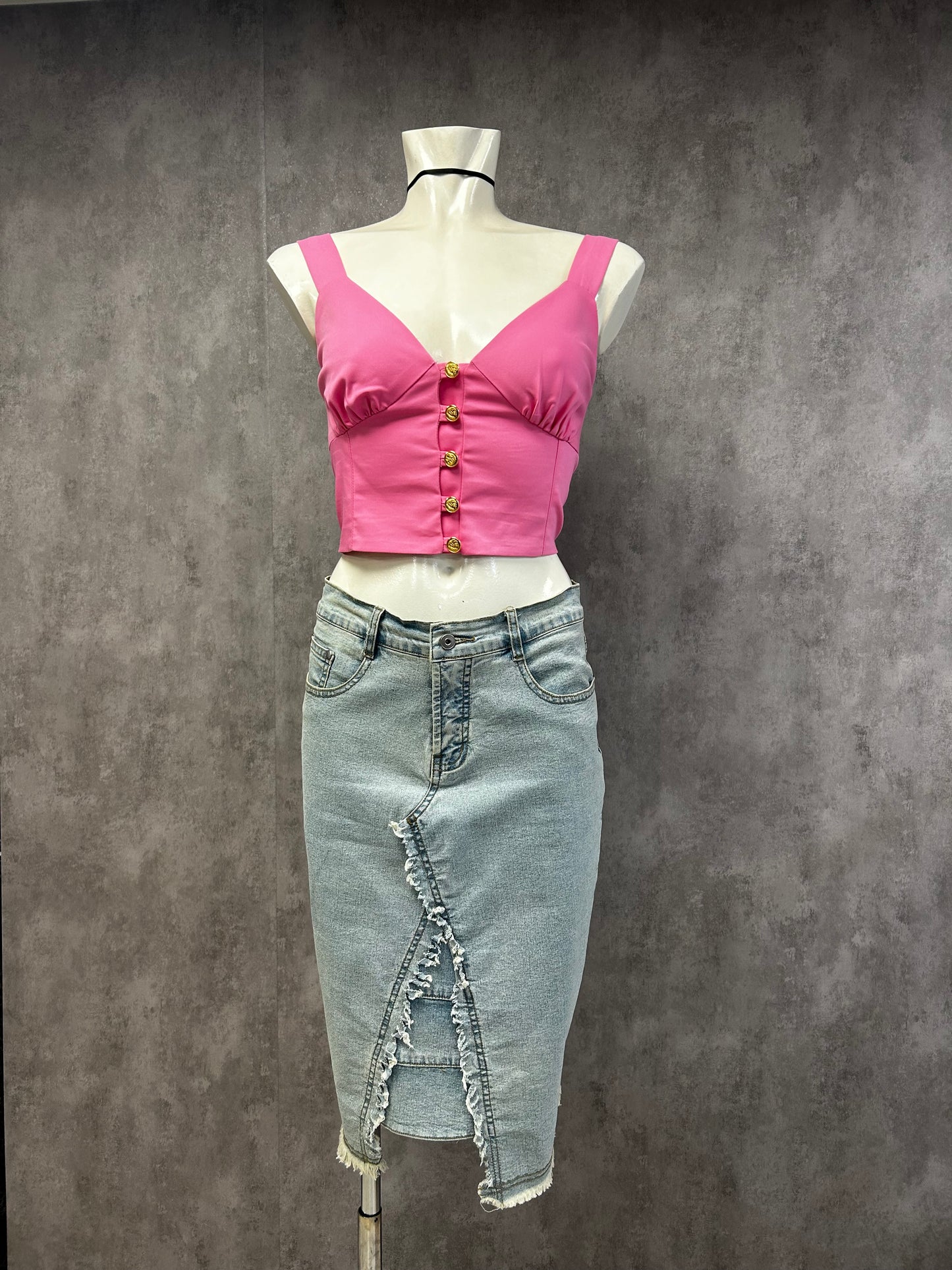 Pink crop top with gold buttons